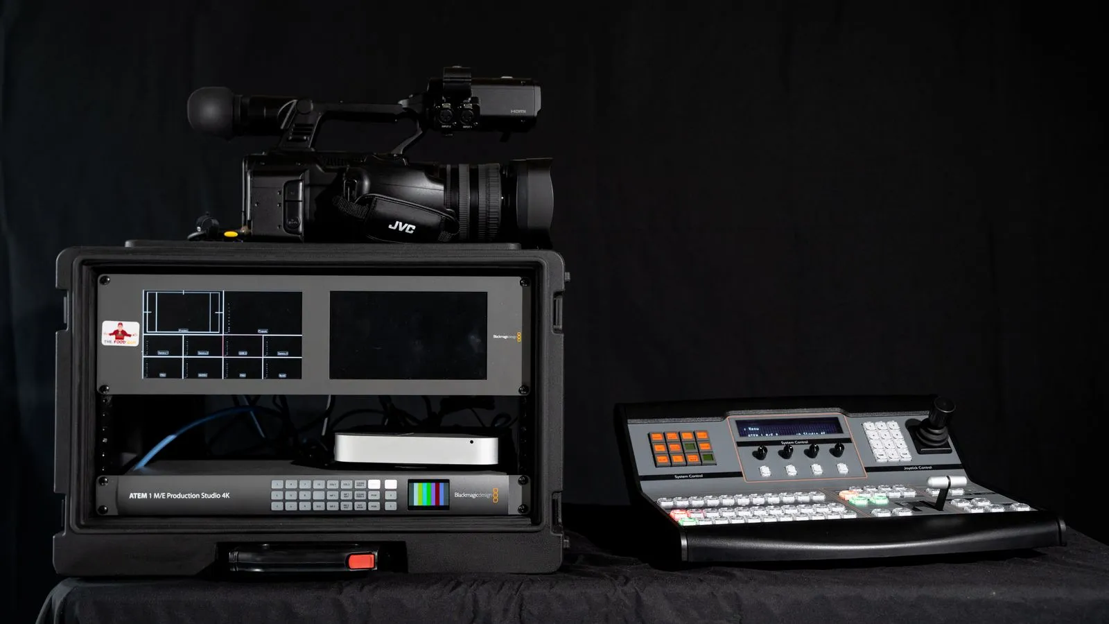 The DuneBox flypack — DuneVision's portable broadcast production system with ATEM 1 M/E and JVC camera