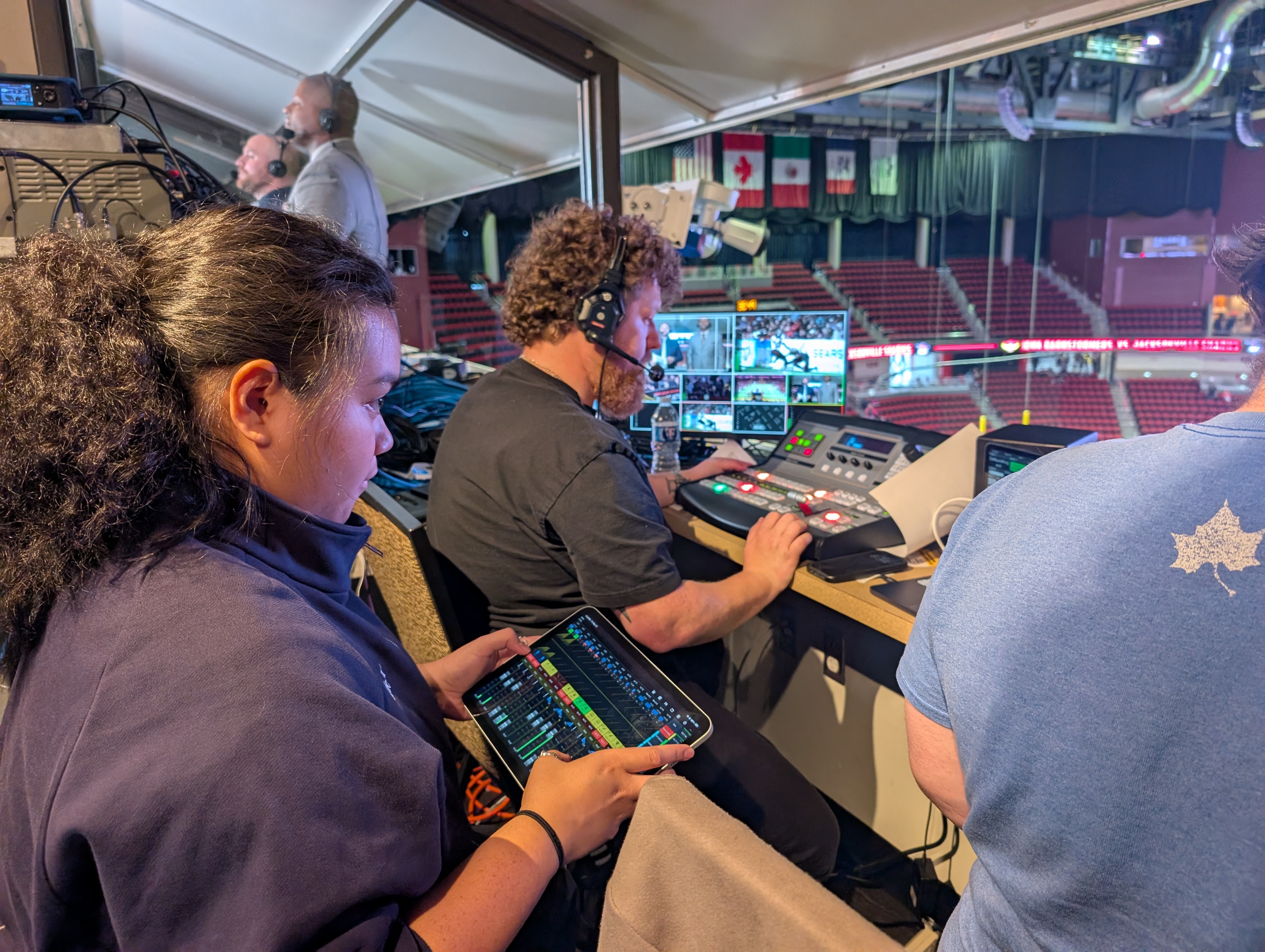 DuneVision crew operating the production switcher and audio board during a live IFL broadcast