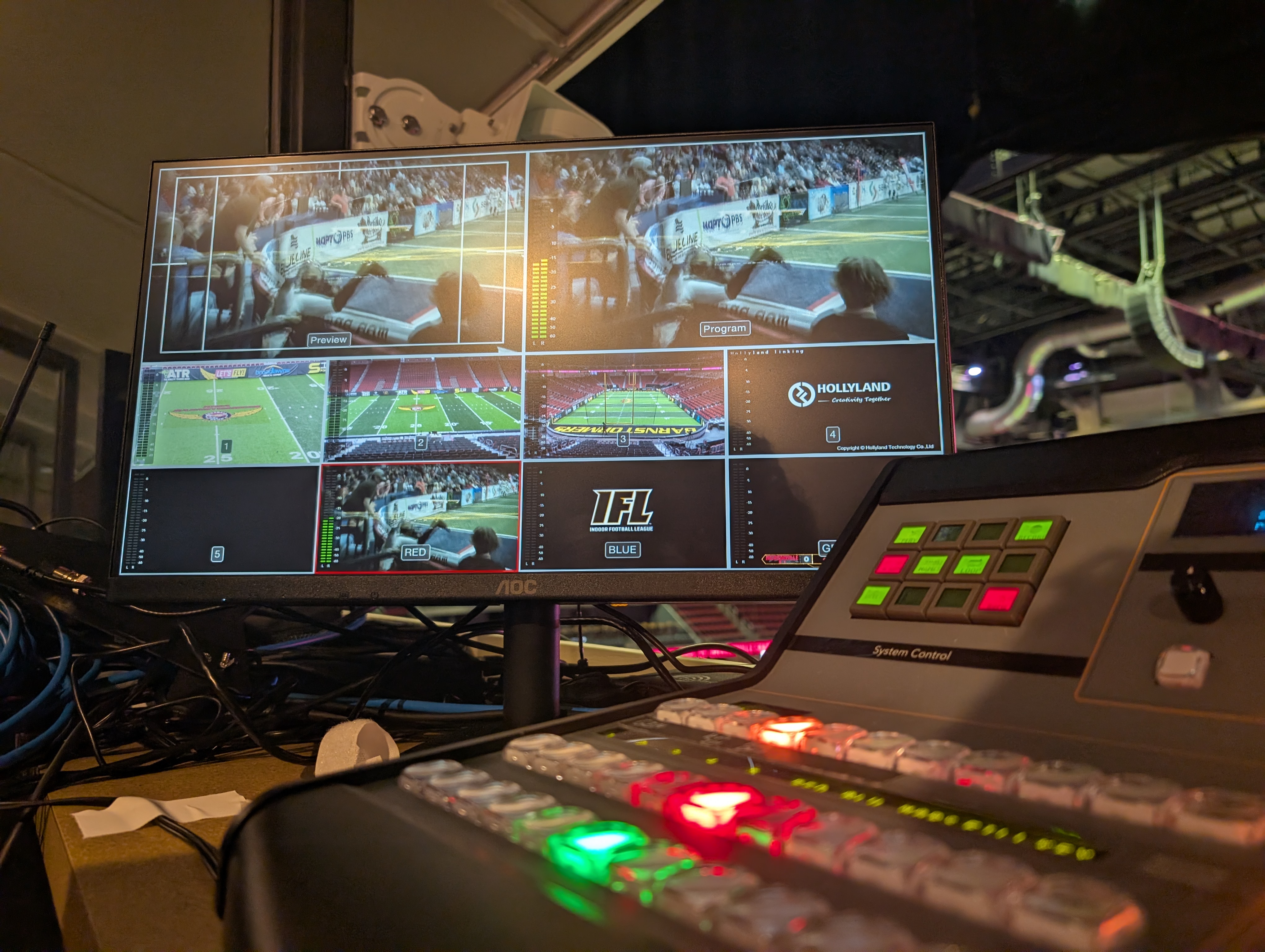 IFL multiviewer monitor showing multiple camera feeds with the IFL logo on the production switcher